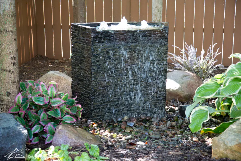 A modern stacked slate wall fountain serves as a captivating garden feature, with water smoothly cascading down its textured face. It is framed by a variety of garden plants, including vibrant pink and green leafy ground cover and large hosta leaves, which complement the natural stone and pebble base. This fountain creates a peaceful nook within a garden corner, set against a wooden fence, illustrating a harmonious blend of hardscape and softscape elements.