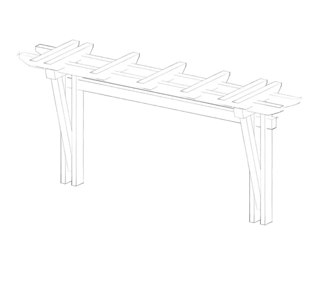 This image shows the proposed design concept of a pergola intended to replace the broken apple tree and create a more structured and lasting privacy screen. The sketch features a simple yet sturdy timber pergola with clean lines and cross beams, providing a framework that can support climbing plants like clematis or other vines. This design is a more stable and permanent solution, offering both visual appeal and functional privacy in the garden while maintaining an open, airy aesthetic. The pergola's architecture is designed to blend naturally into the outdoor space, complementing the surrounding garden elements.